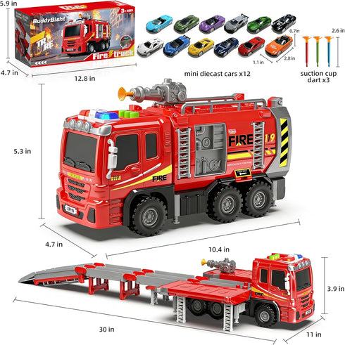 BuddyBight 3in1 12 3-5 3 4 5 6+ Fire Truck Toy with Foldable Race Track & Diecast Race Cars Toys, Fire Trucks