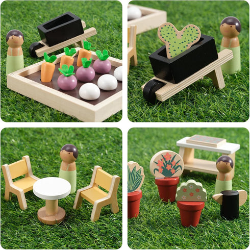 PairPear Flower Garden Toy Greenhouse Playset, Toddlers Wooden Dollhouse Garden Toys, Pretend Play Food Set for 3 Years