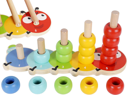 TOWO Wooden Stacking Rings Baby Caterpillar Counting Game, Colour Sorting Puzzle, 5 Pegs Ring Stacker, Early Learning