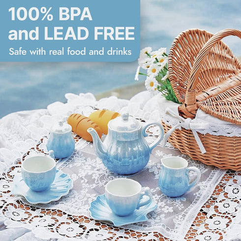 Set, Set Giant bean Porcelain Tea Gradient Blue Real Tea Party for Little Girls, British Royal Princess Series Teapot