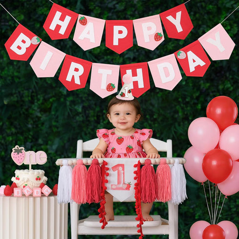 1st DCJHFJ Strawberry High Chair Banner Felt Strawberry Happy Birthday Banner Berry First Birthday Decorations