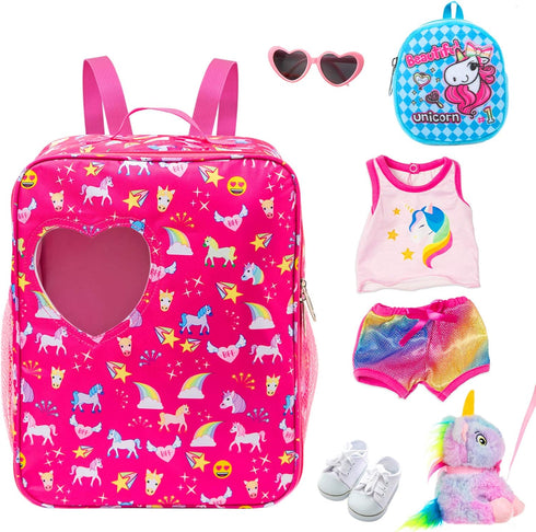 K.T.Fancy 7 PCS 18 Inch Dolls Bag Carrier Set, Includes Doll Clothes, Shoes, Sunglasses, Backpack, Toy Unicorn