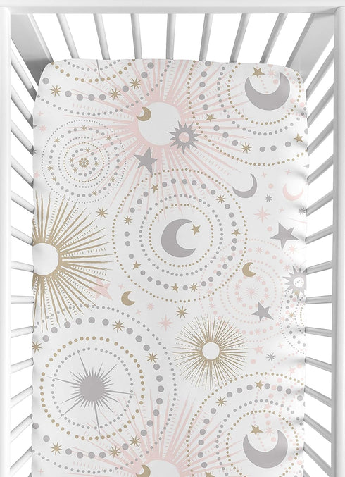 Sweet Jojo Designs Star and Moon Girl Baby Fitted Crib Sheet - Blush Pink Gold and Grey Celestial Sky for Standard