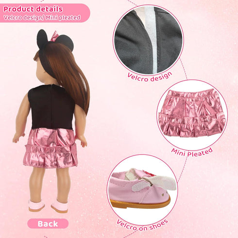 Minnie Themed Cosplay Kit for 18 Inch Girl Dolls, 9 Pcs Accessories Including Dress, Hairband & Shoes