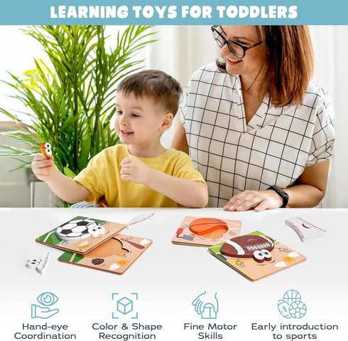 Wooden Puzzles for Toddlers 2-4, Sports Puzzles, Wood Toys for Kids, Basketball, Football, Baseball, Soccer Puzzle