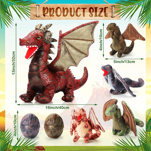 Deekin 7 Pcs Dragon Toy Set, 16 Inch Large Dragon Stuffed Animal with 4 Cute Baby Plush Dragons and 2 Eggs