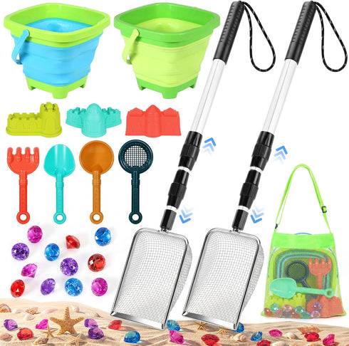 Beach Sand Toys Set with 2 PCS Adjustable Shark Tooth Sifter, Collapsible