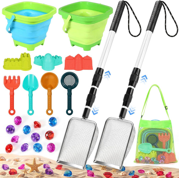 Beach Sand Toys Set with 2 PCS Adjustable Shark Tooth Sifter, Collapsible