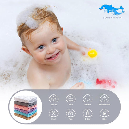 12 Pack -10"x10", SWEET DOLPHIN Baby Muslin Washcloths - Soft Face Cloths for Newborn, Absorbent Bath Wash Cloths