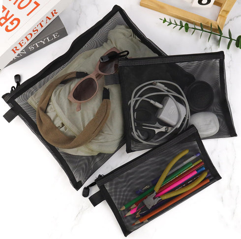 yuntop 6 (A4 2, A5 2, A6 2) PCS Mesh Pouch, Black Nylon Mesh Cosmetic Zipper Bags for Home Office Purse Diaper Bag x x
