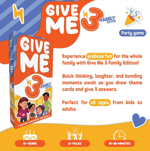 GIVE ME 3 Family Game, Fast Paced Hilarious Party Game, 10 Second Rule for Kids, Teens, and Adults