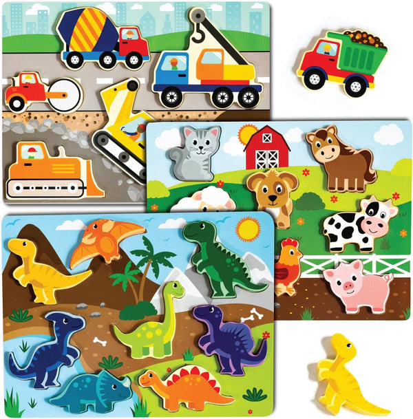 Large 3 Pk Wooden Toddler Puzzles Ages 2-4 | Montessori Learning Toys for 2+ Year Olds