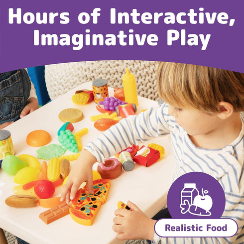 Jaxojoy 122 Piece Pretend Play Food Set for Kids, Kitchen Accessories, Toy Food for Kids Kitchen