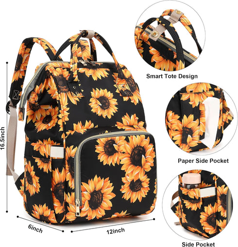 Xunteny Backpack Sunflower Baby Diaper Bag for Girls Boys, Waterproof Large Maternity Nappy Bags for Mom (Black)
