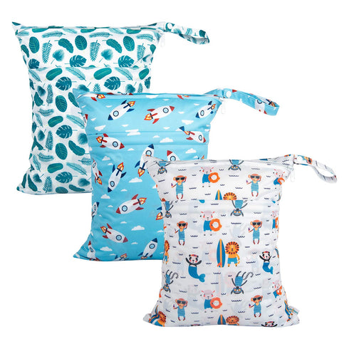 babygoal Wet Dry Bags for Baby Cloth Diapers, 3 Pack Washable Travel Bags for Beach, Pool, Gym with Two Zippered Pockets