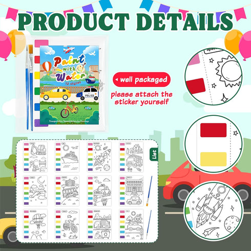 Zoyeven 192 Well-Packaged Pcs Mess Free Painting Transportation Watercolor Coloring Books Vehicle Party Favors Travel