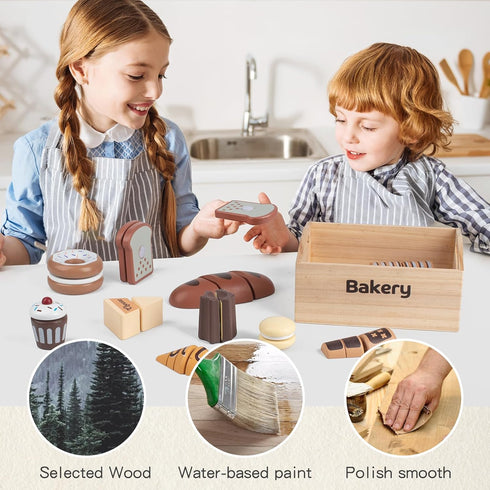 10 Set 3+ PCS Bakery Wooden Play Food for Kids Kitchen, Wooden Food Cutting Toys, Pretend Play Kitchen Food Toy