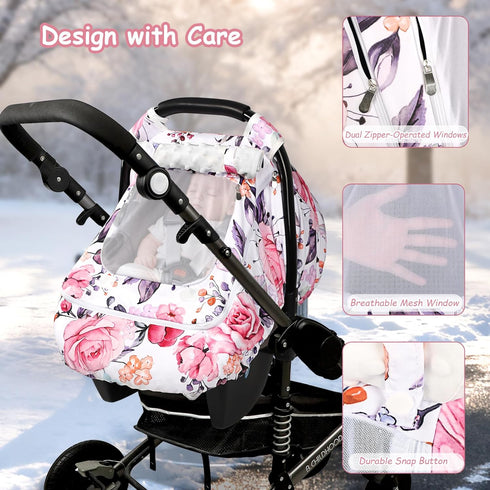 Winter Car Seat Cover Baby with Sunshade & Dual Zipper Windows - Minky Bubble Lined Windproof Soft Shell, Warm Newborn