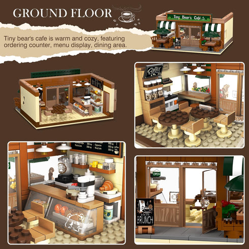 City Coffee House Building Set with Light, 1173 PCS Cafe Shop Building Block Toy with Ordering Counter and Baking Room