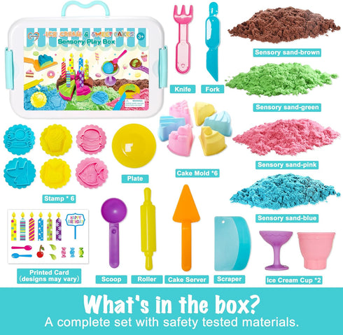 3 4 5 6 Carolart Sensory Bin,Ice Cream and Cakes Sensory Kit,Kids Play Sand Kit,Sandbox with Sensory Sand Girls