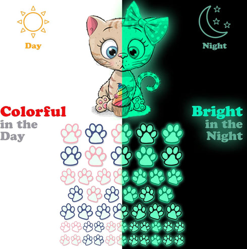 Glow in The Dark Cat Stickers with Dog and Fish, Wall Decals for Kids Bedding Room