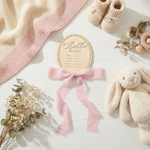 Josojoou Hello World Newborn Announcement Sign, Wooden Baby Photo Prop with Stand & Marker - Rustic Pink Ribbon