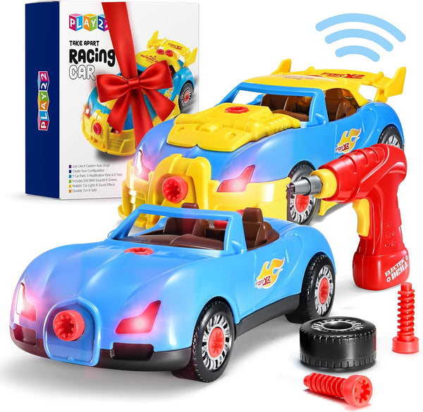 Play22 30 Pcs Take Apart Racing Car Set, Build Your Own Car with Drill, Engine Sounds & Lights, Ages 3+