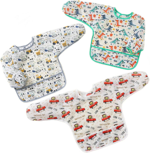 3-Pack Baby Long Sleeve Waterproof Bib - Full Coverage Apron Bib Smock Toddler Bibs with Pocket for 6-30 Months