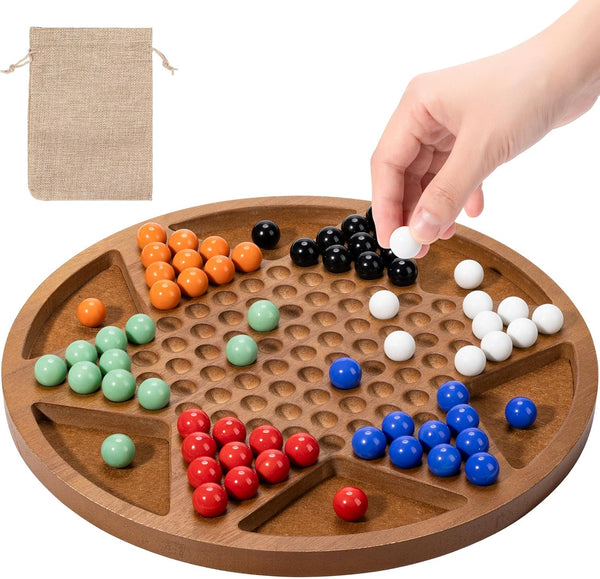 12-Inch Wooden Chinese Checkers Set - Classic Round Design with 60 Acrylic