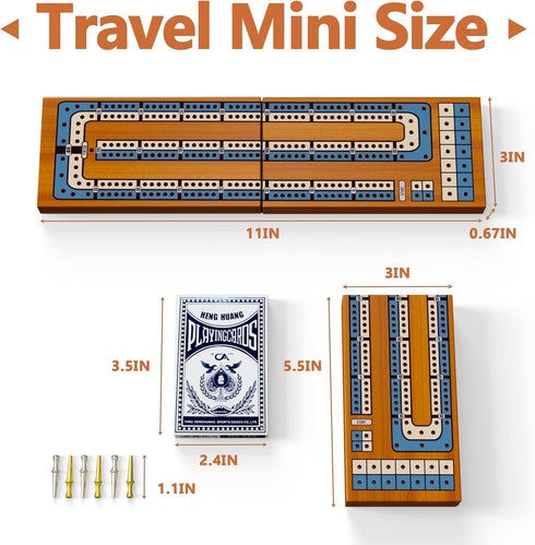Set 2-Track 6 Small Size Travel Wooden Cribbage Board Game Foldable Cribbage with Magnetic Storage, Metal Pegs & Full