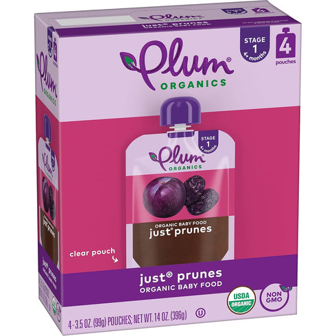 Plum Organics Stage 1 Organic Baby Food, Just Prunes, 3.5 Ounce Pouch, Pack of 4, Packaging May Vary