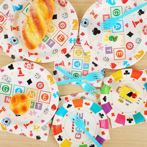 Wiooffen 96 Pcs Family Game Night Party Supplies, Gaming Party Decoration for Birthday, Tableware Set for 24 Guests