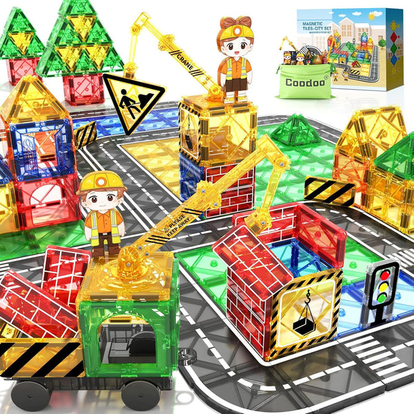Coodoo Kids Games Magnetic Tiles Road Set with Extendable Magnetic Crane, City