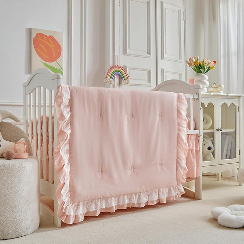 Set 3 Lace Ruffle Crib Bedding Pieces Baby Boho Lace Quilted Comforter with Fitted Sheet and Bed Skirt - Cute Ruffled