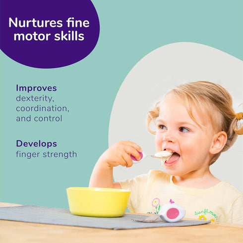 doddl Toddler Utensils, Ergonomic Fork Spoon and Knife Set for Self Feeding, Stainless Steel for 1-3 Year Olds (Magenta)