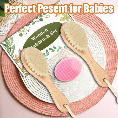 Set, 2Pcs Wooden Baby Hair Brush and Comb Natural Soft Goat Bristles Brush with Baby Shower Scrubber Perfect Scalp