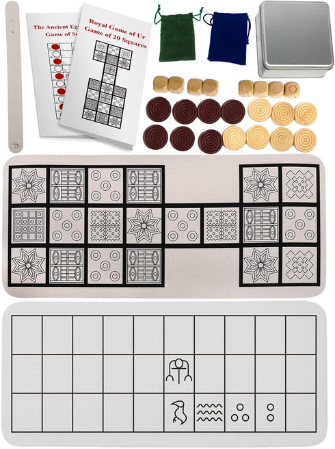 Ancient Board Game: Royal Game of UR & Senet - 1 Board, 8 Wooden Dice, 14 Wooden Pieces, Metal Box