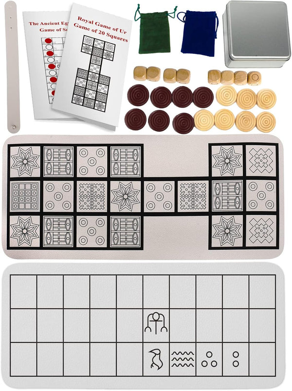 Ancient Board Game: Royal Game of UR & Senet - 1 Board, 8 Wooden Dice, 14 Wooden Pieces, Metal Box
