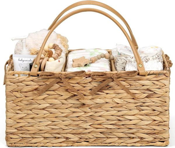 Diaper Caddy Organizer, Hand Rattan Nursery Storage Basket for Baby Essentials, Baby
