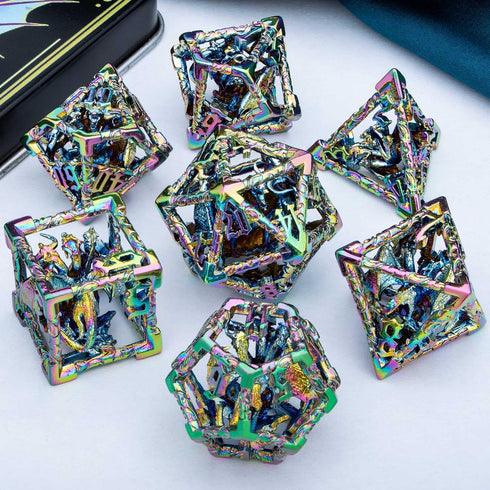 ARUOHHA Rainbow Hollow DND Dice Set, 7PCS Metal Polyhedral Dice for Dungeons and Dragons with Gift Box D20 D12 D10 D8