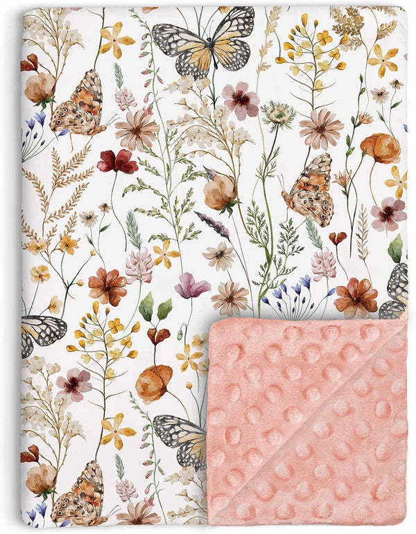 Buerhanerry Wildflower Butterfly Baby Blanket for Girls, Soft Double Layer Minky with Dotted