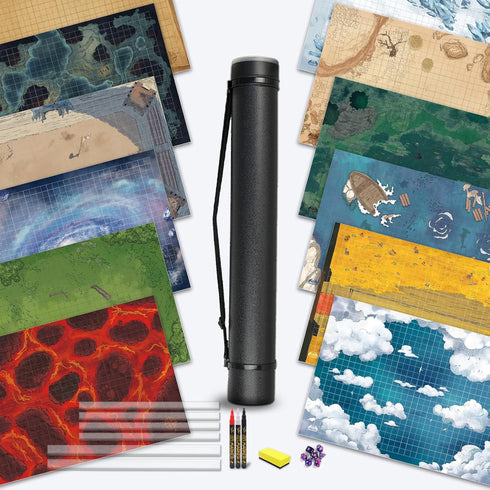 6 Pack DND Map Terrain 12 Dry Erase Battle Mats 24x36, 1 Inch Grids, Double-Sided for Dungeons & Dragons