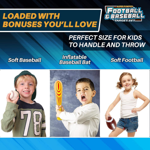 Inflatable Double-Sided Baseball & Football Target Set, Blow Up Toy with Soft Football, Baseball & Inflatable Bat