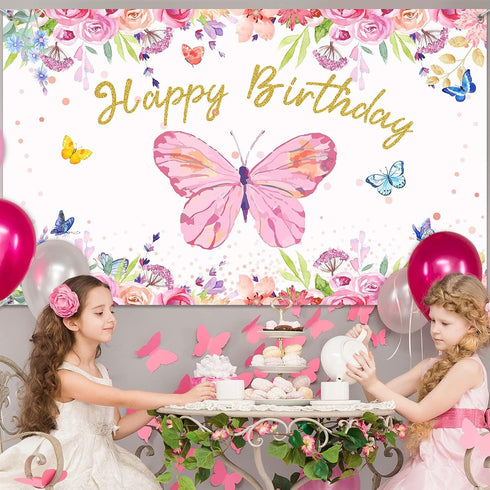 Tatuo Butterfly Happy Birthday Backdrop 6x4ft, Pink Butterfly Party Decorations for Baby Shower