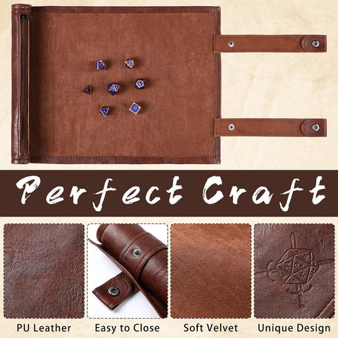 Accessories(Brown,1 Civaner Dice Mat Tray Rolling Mat with Zipper PU Leather Folding Scroll Dice Bag Holder Table