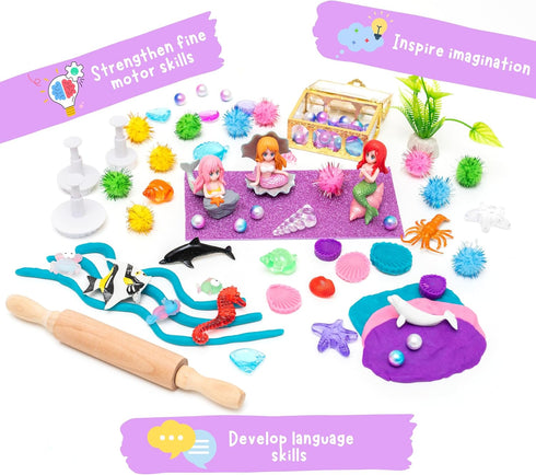 Creative Mind Mermaid Sensory Kit - 3 Jars Non-Toxic Play Dough & Reusable Sensory Bins with Sea Animals for Toddlers