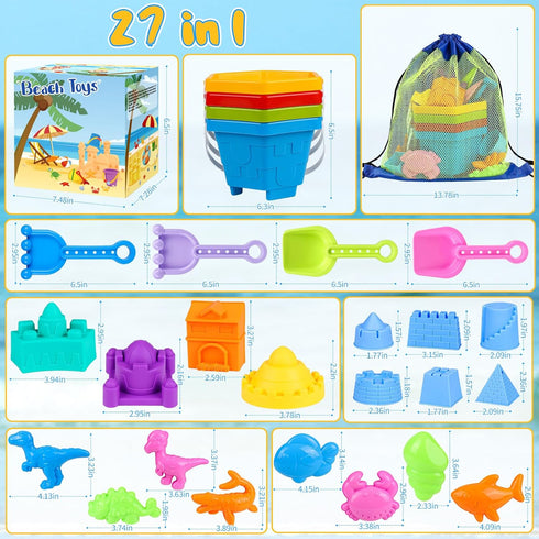 HUUIDY 4 4-12 Beach Toys for Kids, Sand Toys with Sand Buckets and Shovels for Kids, Sand Castle Building Kit with Mesh
