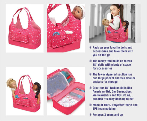Badger Basket On-The-Go Travel Tote and Storage Bag for 18 inch Dolls - Pink Stars