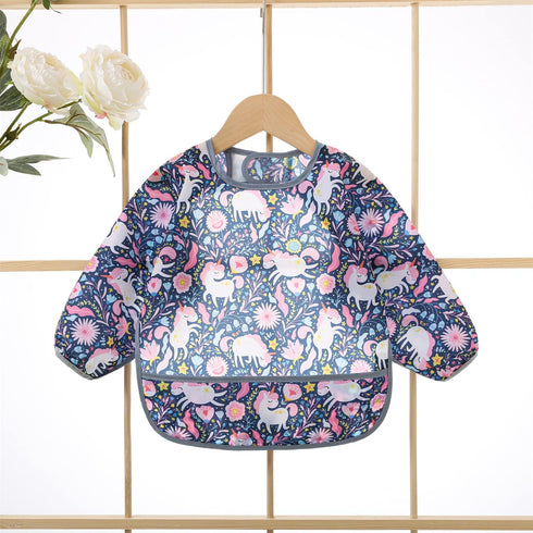 5pcs Set Long Sleeve Waterproof Bib Full Coverage Apron Bib Smock Toddler Bibs with Pocket 6-30 Months