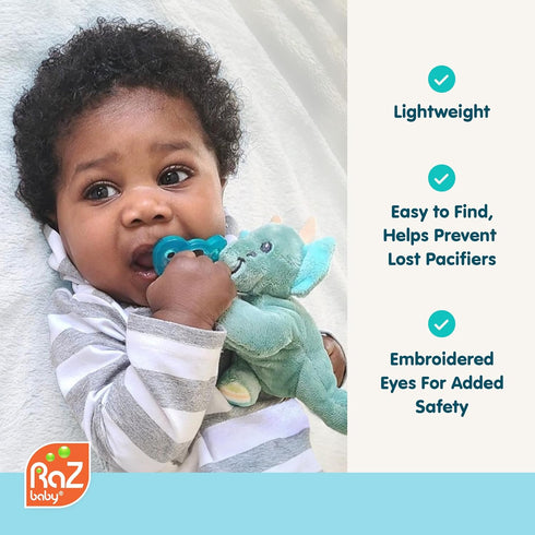 0M+, 100% RaZbaby JollyPop Pacifier, Holder w/Detachable Baby Pacifier, Stuffed Animal RaZbuddy, All Ages Medical Grade